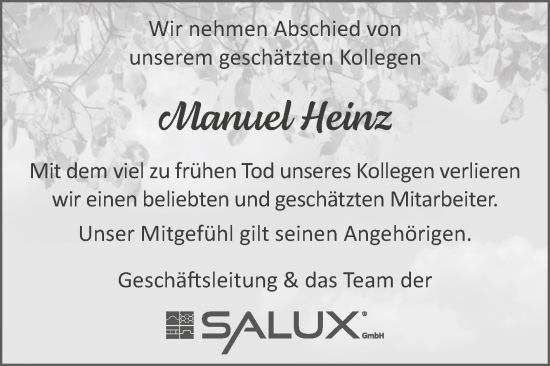 Traueranzeige von Manuel Heinz von Mitteldeutsche Zeitung Sangerhausen