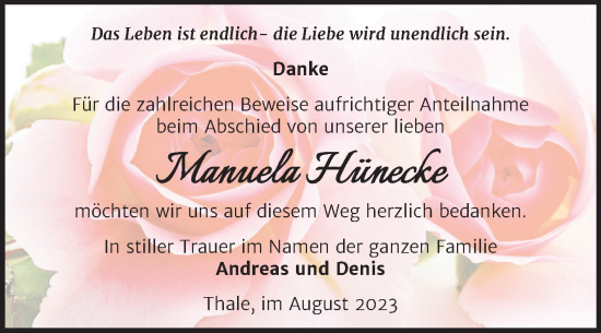 Traueranzeige von Manuela Hünecke von Trauerkombi Quedlinburg