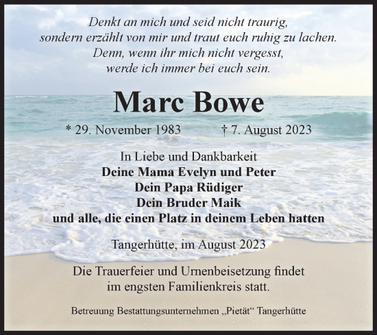 Traueranzeige von Marc Bowe von Volksstimme Altmark Ost