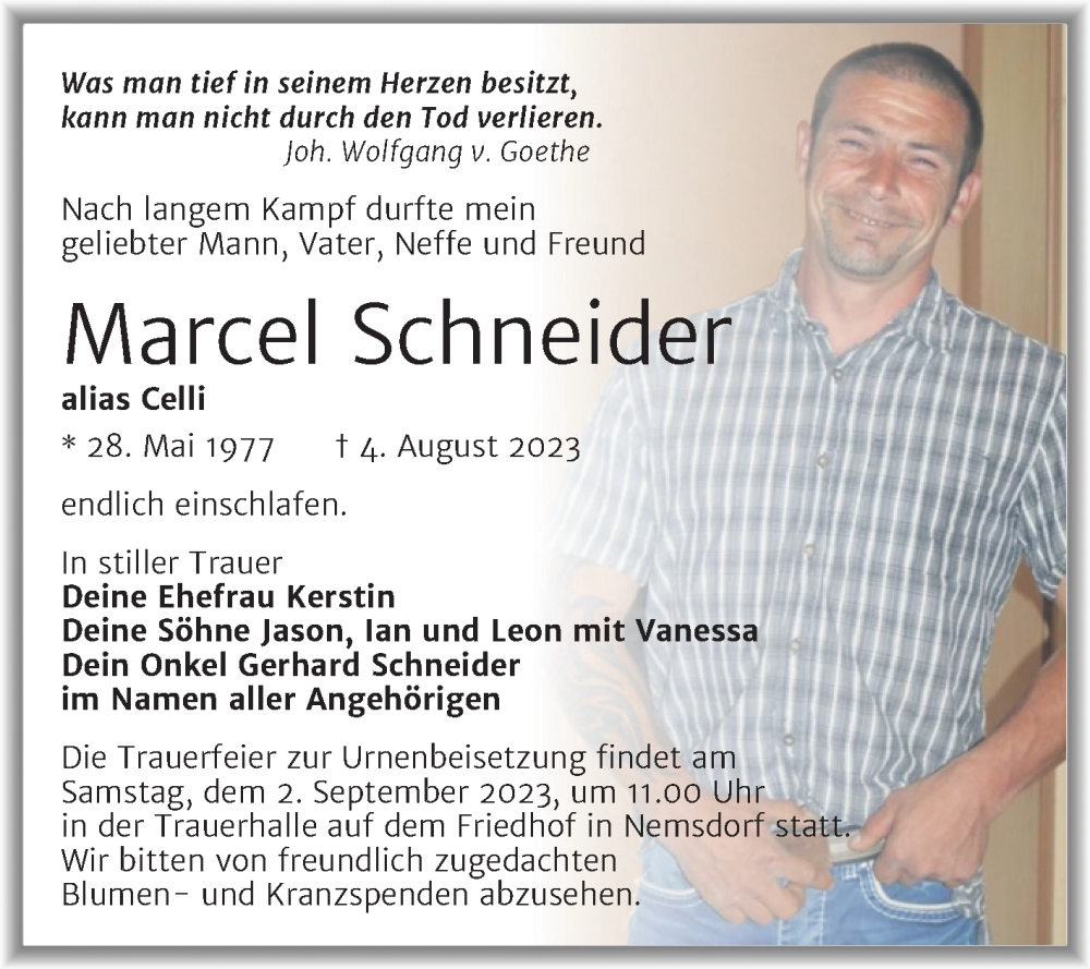  Traueranzeige für Marcel Schneider vom 12.08.2023 aus Trauerkombi Merseburg