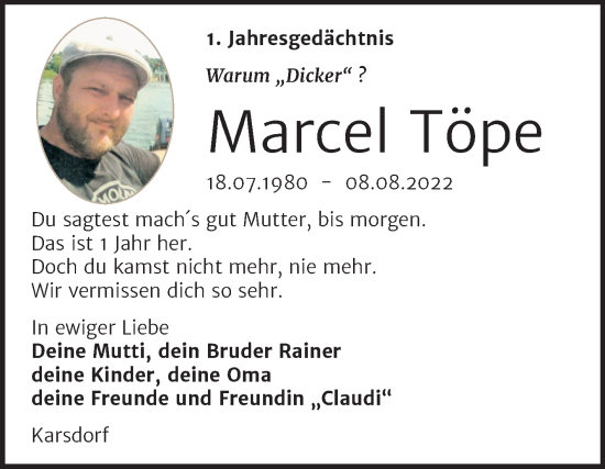 Traueranzeige von Marcel Töpe von Wochenspiegel Naumburg/Nebra