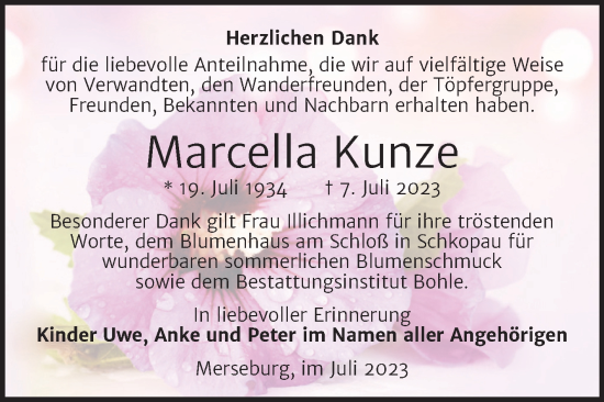 Traueranzeige von Marcella Kunze von Trauerkombi Merseburg