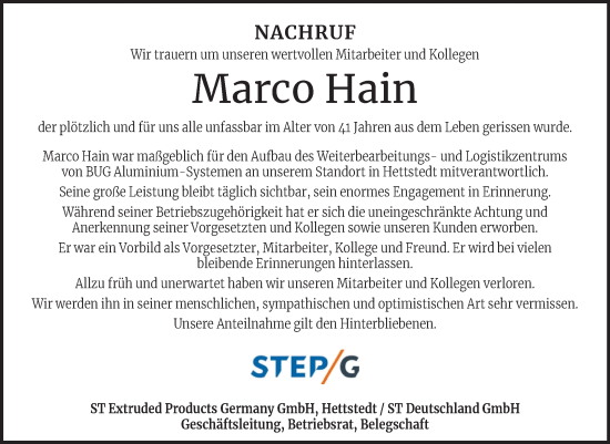 Traueranzeige von Marco Hain von Mitteldeutsche Zeitung Mansfelder Land