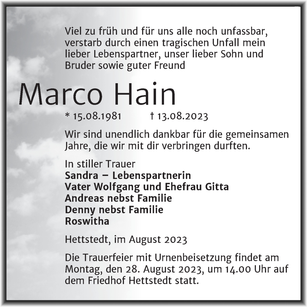  Traueranzeige für Marco Hain vom 19.08.2023 aus Trauerkombi Mansfelder Land