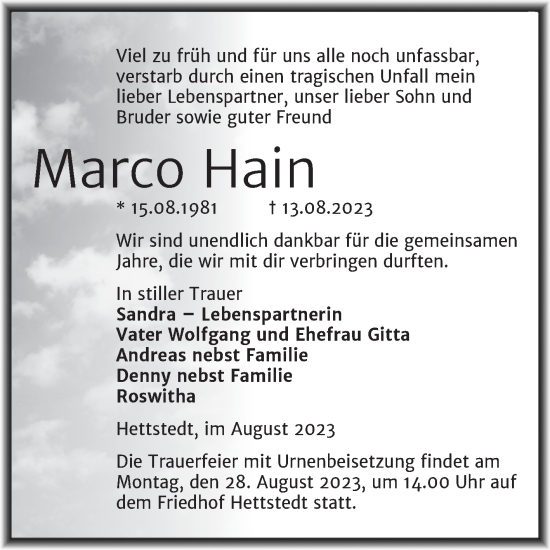 Traueranzeige von Marco Hain von Trauerkombi Mansfelder Land