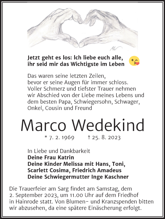 Traueranzeige von Marco Wedekind von Trauerkombi Sangerhausen