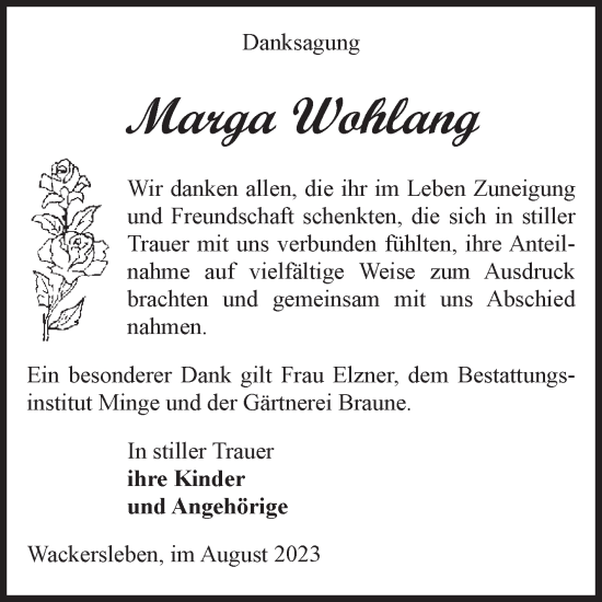 Traueranzeige von Marga Wohlang von Volksstimme Oschersleben/Wanzleben
