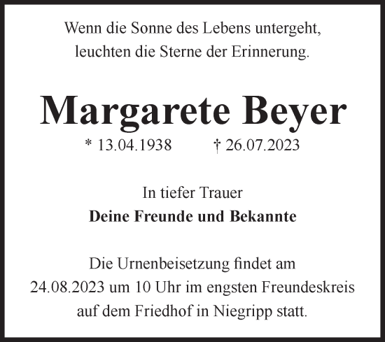Traueranzeige von Margarete Beyer von Volksstimme Burg/Genthin