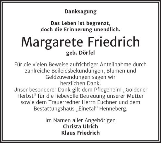 Traueranzeige von Margarete Friedrich von Super Sonntag Quedlingburg
