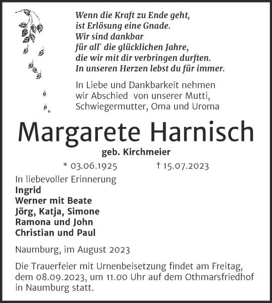 Traueranzeige von Margarete Harnisch von Naumburger Tageblatt