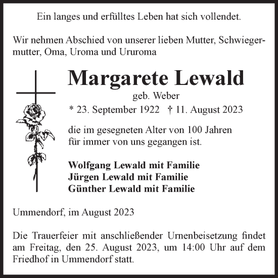 Traueranzeige von Margarete Lewald von Volksstimme Oschersleben/Wanzleben