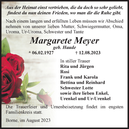 Traueranzeige von Margarete Meyer von Volksstimme Staßfurt