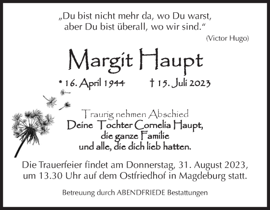 Traueranzeige von Margit Haupt von Volksstimme Magdeburg