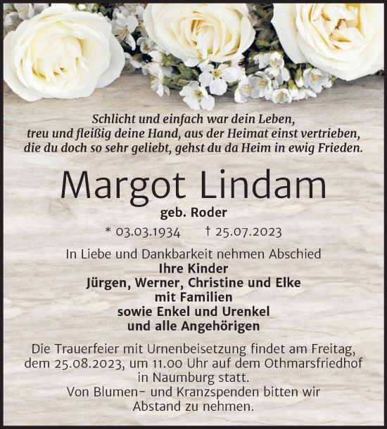 Traueranzeige von Margot Lindam von Wochenspiegel Naumburg/Nebra