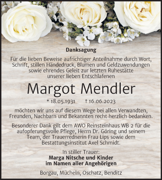 Traueranzeige von Margot Mendler von Wochenspiegel Naumburg/Nebra
