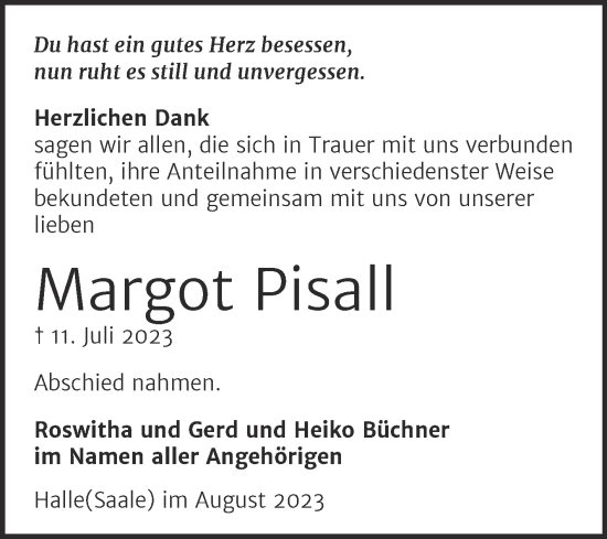 Traueranzeige von Margot Pisall von Mitteldeutsche Zeitung Halle/Saalkreis