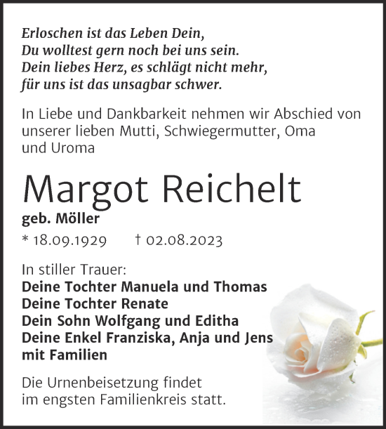 Traueranzeige von Margot Reichelt von Trauerkombi Bitterfeld