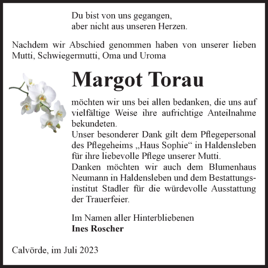 Traueranzeige von Margot Torau von Volksstimme Haldensleben/Wolmirstedt
