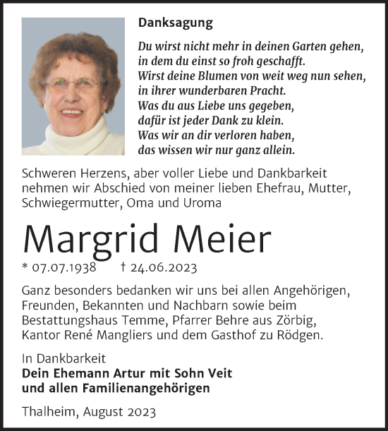 Traueranzeige von Margrid Meier von Trauerkombi Bitterfeld