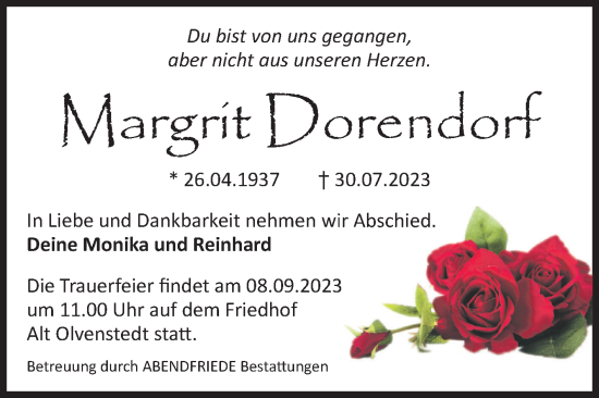 Traueranzeige von Margrit Dorendorf von Volksstimme Magdeburg