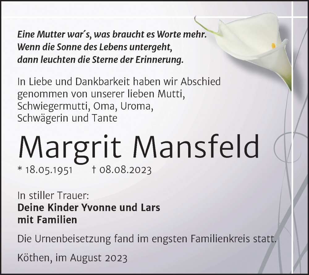 Traueranzeige für Margrit Mansfeld vom 25.08.2023 aus Trauerkombi Köthen