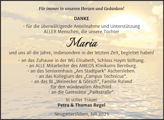 Traueranzeige von Maria  von Trauerkombi Bernburg