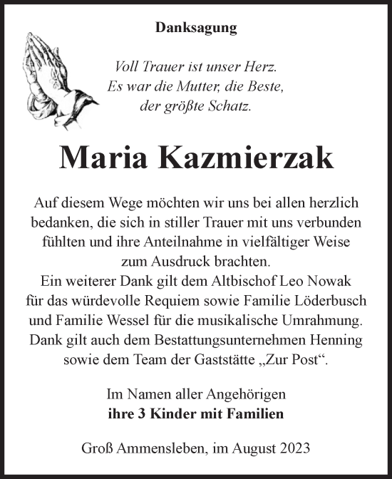 Traueranzeige von Maria Kazmierzak von Volksstimme Magdeburg