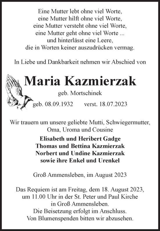 Traueranzeige von Maria Kazmierzak von Volksstimme Magdeburg