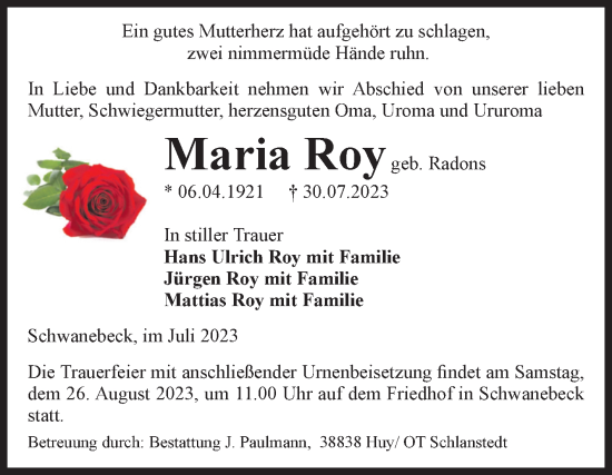 Traueranzeige von Maria Roy von Volksstimme Halberstadt