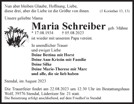 Traueranzeige von Maria Schreiber von Volksstimme Altmark Ost