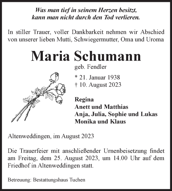 Traueranzeige von Maria Schumann von Volksstimme Oschersleben/Wanzleben