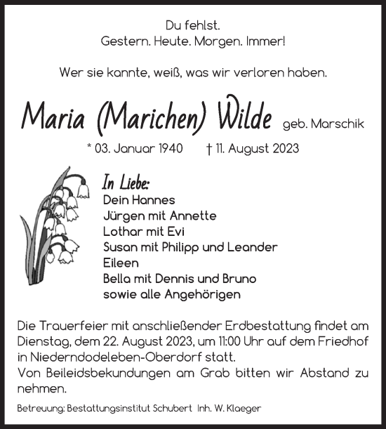 Traueranzeige von Maria Wilde von Volksstimme Haldensleben/Wolmirstedt