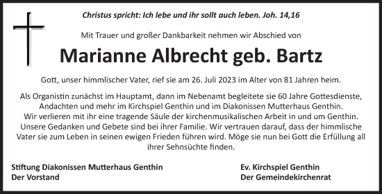 Traueranzeige von Marianne Albrecht von Volksstimme Burg/Genthin