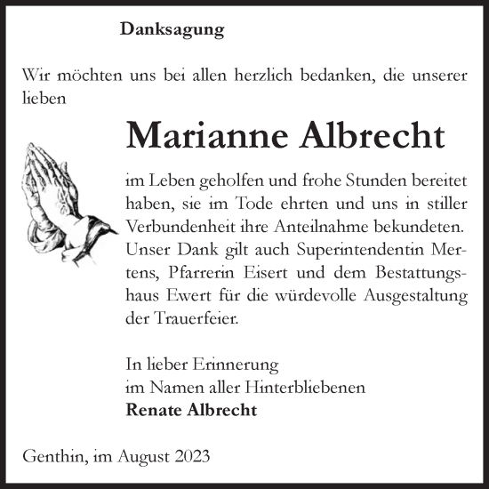 Traueranzeige von Marianne Albrecht von Volksstimme Burg/Genthin