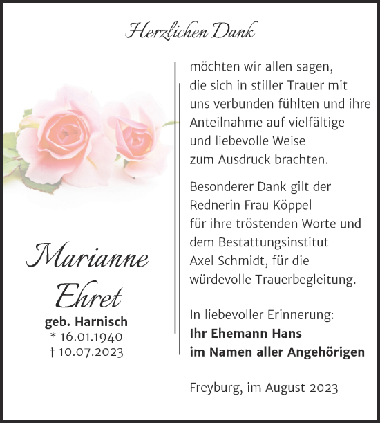 Traueranzeige von Marianne Ehret von Wochenspiegel Naumburg/Nebra