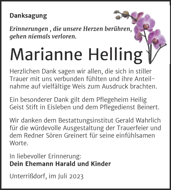 Traueranzeige von Marianne Helling von Trauerkombi Mansfelder Land