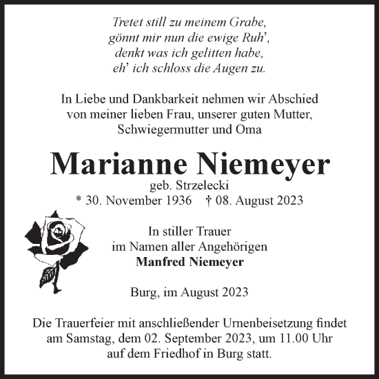 Traueranzeige von Marianne Niemeyer von Volksstimme Burg/Genthin
