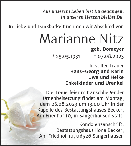 Traueranzeige von Marianne Nitz von Trauerkombi Sangerhausen