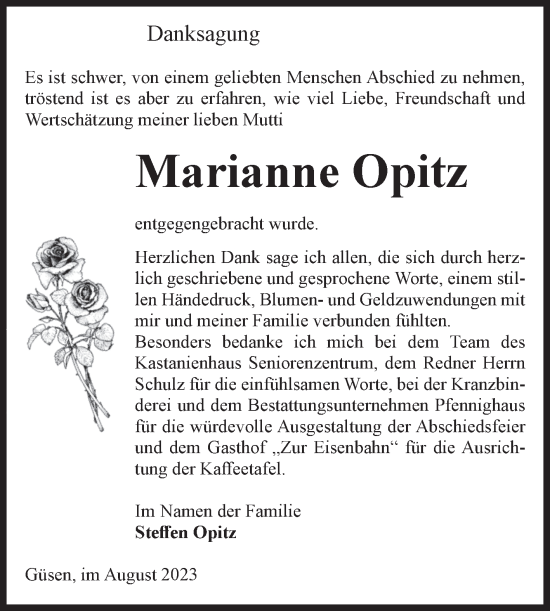 Traueranzeige von Marianne Opitz von Volksstimme Burg/Genthin