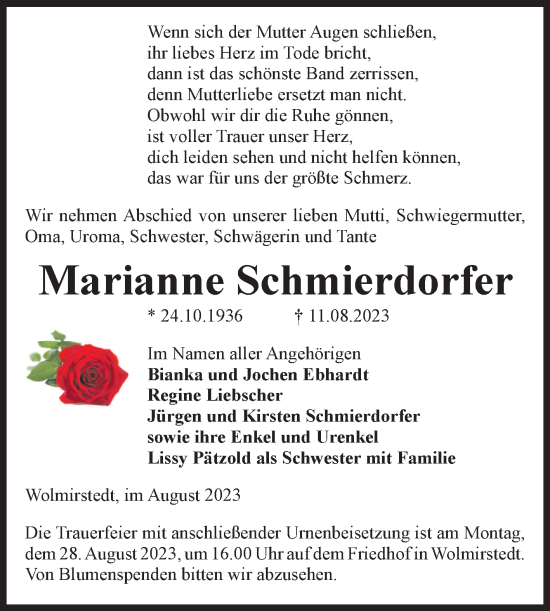 Traueranzeige von Marianne Schmierdorfer von Volksstimme Haldensleben/Wolmirstedt