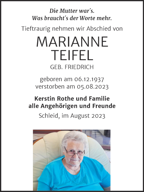 Traueranzeige von Marianne Teifel von Trauerkombi Weißenfels