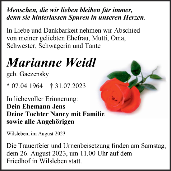 Traueranzeige von Marianne Weidl von Trauerkombi Aschersleben