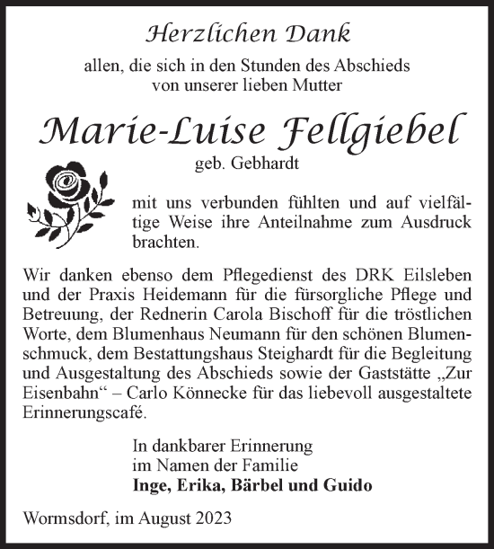 Traueranzeige von Marie-Luise Fellgiebel von Volksstimme Oschersleben/Wanzleben