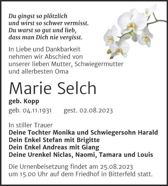 Traueranzeige von Marie Selch von Trauerkombi Bitterfeld