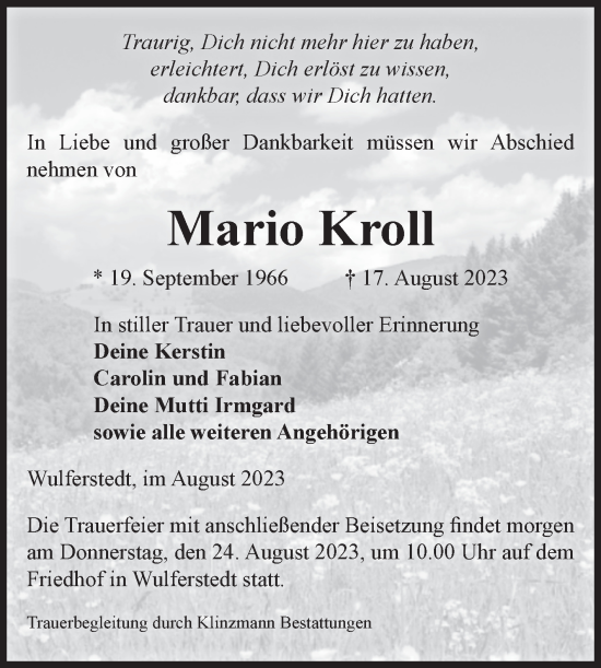 Traueranzeige von Mario Kroll von Volksstimme Oschersleben/Wanzleben