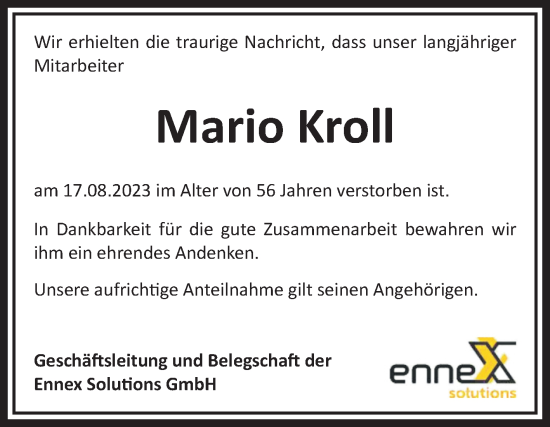 Traueranzeige von Mario Kroll von Volksstimme Oschersleben/Wanzleben
