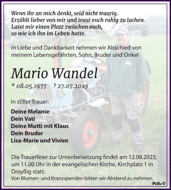 Traueranzeige von Mario Wandel von Trauerkombi Zeitz