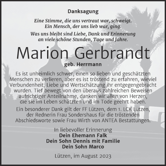 Traueranzeige von Marion Gerbrandt von Trauerkombi Weißenfels