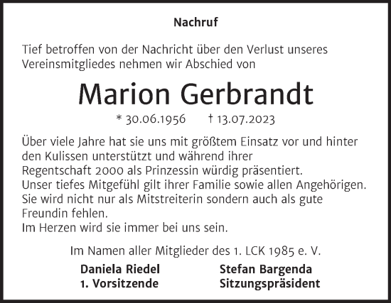 Traueranzeige von Marion Gerbrandt von Trauerkombi Weißenfels