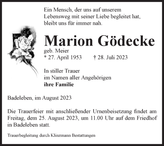 Traueranzeige von Marion Gödecke von Volksstimme Oschersleben/Wanzleben
